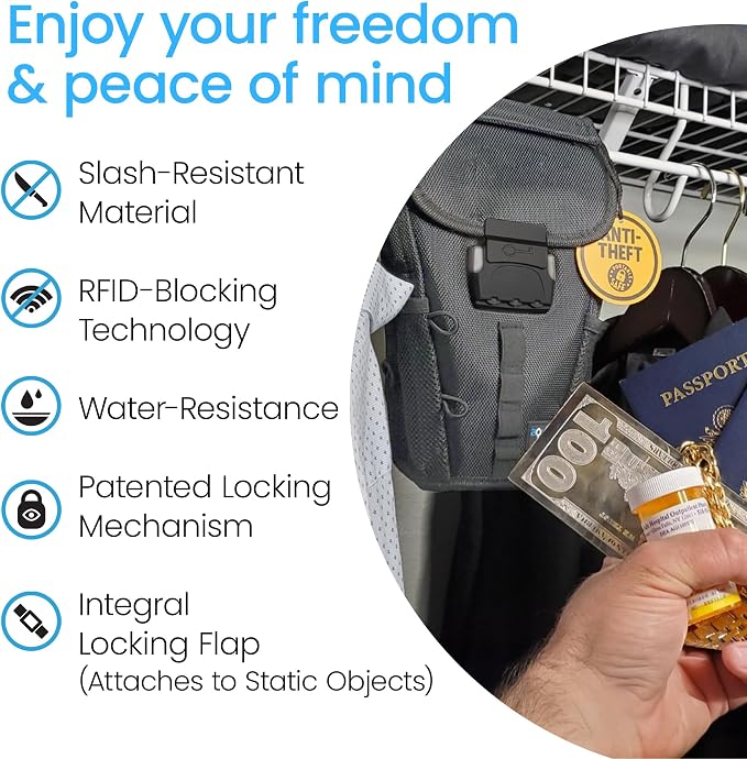 Portable Travel Safe Anti-Theft Cut-Resistant Beach Pool Lock Box | Grey. Cut-resistant nylon with water resistance and RFID blocking. Secures phones and valuables at the beach, pool or hotel. - Image 6