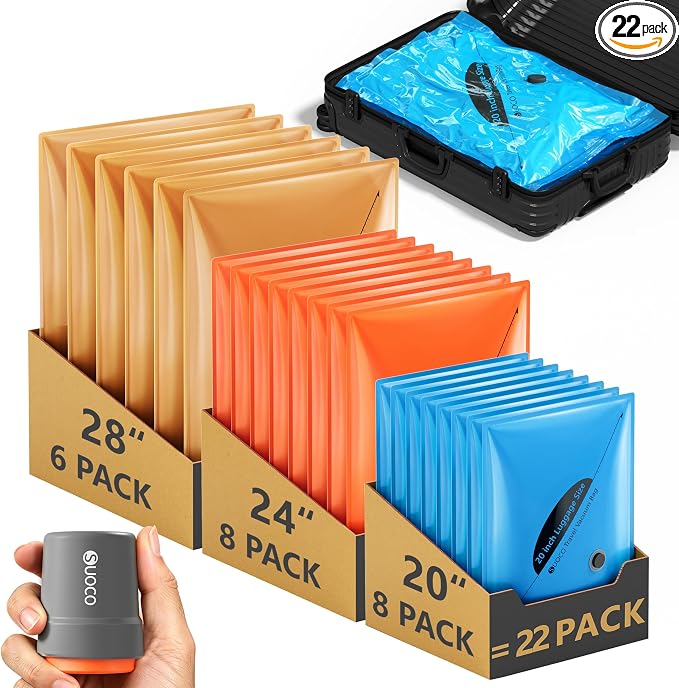 Travel Vacuum Bags with Cordless Electric Pump, 22 Combo Compression Packing Cubes for Clothing Clothes, Luggage Suitcase Organizer, Space Saver Vacation Cruise Travel Essentials, Multicolor by SUOCO