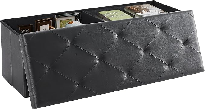 DUMOS 43 Inch Folding Storage Ottoman Bench, Large Ottoman with Storage | Storage Chest with Padded Seat, End of Bed Foot Rest Stool for Bedroom Living Room, Load 660 lbs, Synthetic Leather, Black by DumosLifestyle