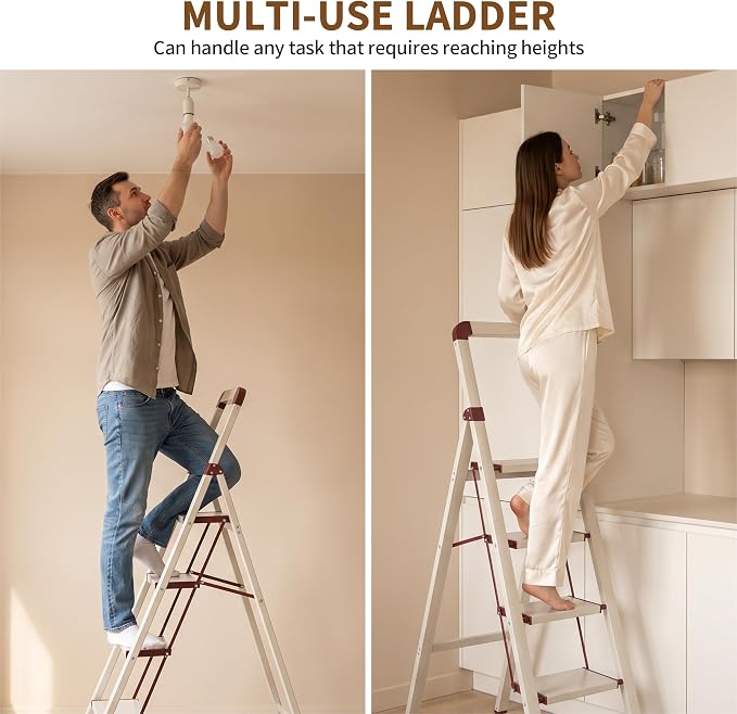 Step Ladder 4-Step White Finish Aluminum Iron Folding Ladders | Anti-slip Sturdy Foldable Ladder Step Stool for Kitchen Home Office Libaray - Image 6