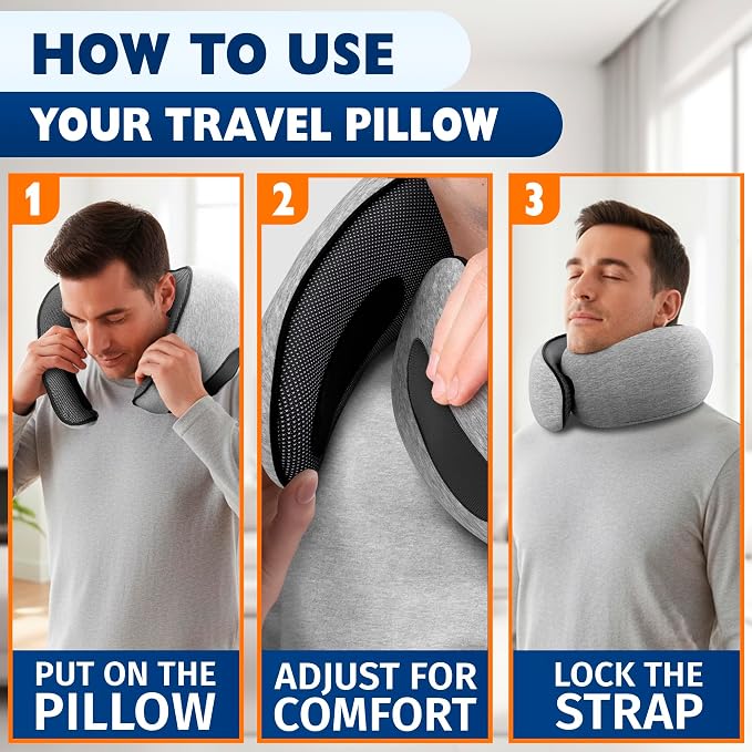 100% Memory Foam Travel Neck Pillow with Breathable Mesh – 4-in-1 Airplane Kit with 3D Eye Mask, Earplugs & Bag, Adjustable Closure – G-Shape Airline Pillow for Sleeping on Long Flights, Car, Train - Image 5