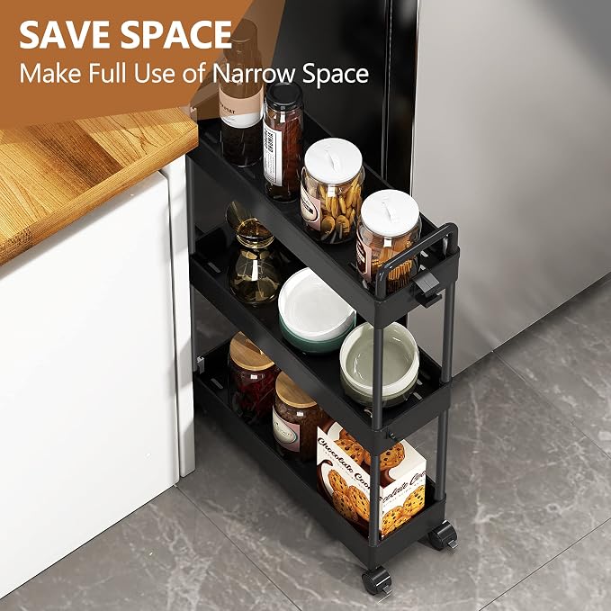 SOLEJAZZ Slim Rolling Storage Cart Skinny Bathroom Organizer, 3 Tier, Black | Thin utility cart with wheels for bathroom, laundry room, bedside, kitchen, dorm, office, next to fridge, small narrow places - Image 4