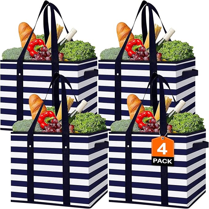 Reusable Grocery Bags 4 Pack, Foldable & Water Resistant Shopping Bags | Large Grocery Tote Bag Water Resistant Shopping Bags Foldable Grocery Bag for Clothes,Shoes and Picnic by WiseLife