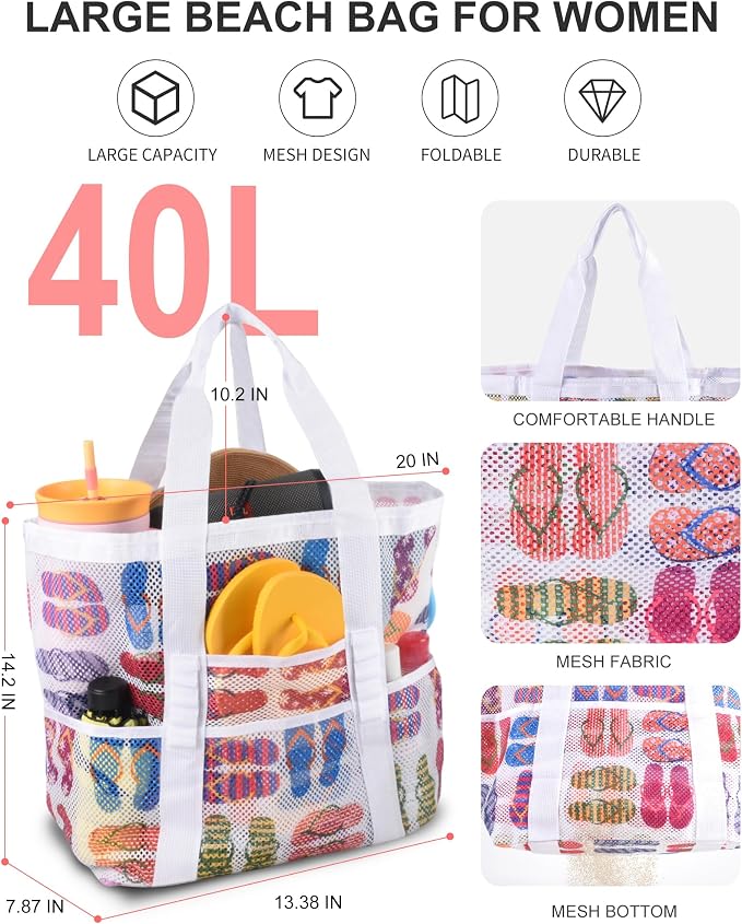 Genteen 40L Mesh Beach Bag, Foldable Sandproof Tote with Waterproof Pocket Quick Dry for Women Family Pool Vacation - Image 4