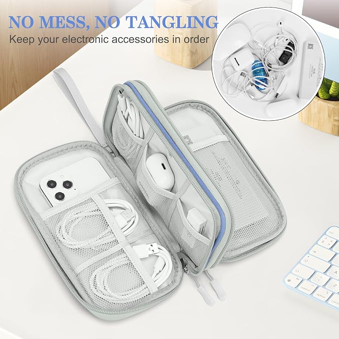 FYY Electronic Organizer, Travel Tech Pouch Bag, Medium, Blue Quilted | Wrist Strap, Waterproof, Double Layers Portable Electronics Travel Carrying Case for Cord, Charger, Daily Business Trips Use - Image 5