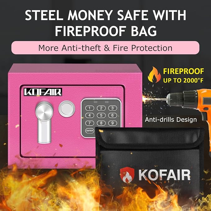 KOFAIR Safe Box for Home Safe (0.23 Cubic Feet) with Fireproof Bag, Personal for Money Safe for Cash Saving, Mini Safety with Key, Digital Safety with Light, Money Lock Box (Pink) - Image 2
