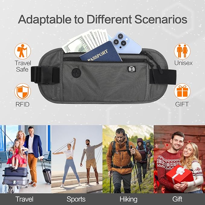TRAVELSAFE Slim RFID Blocking Money Belt for Travel - Anti-Theft Hidden Passport Holder Waist Wallet with Secure Pouch for Cash, Credit Cards & Phone Safe (B-Dark Grey) - Image 4