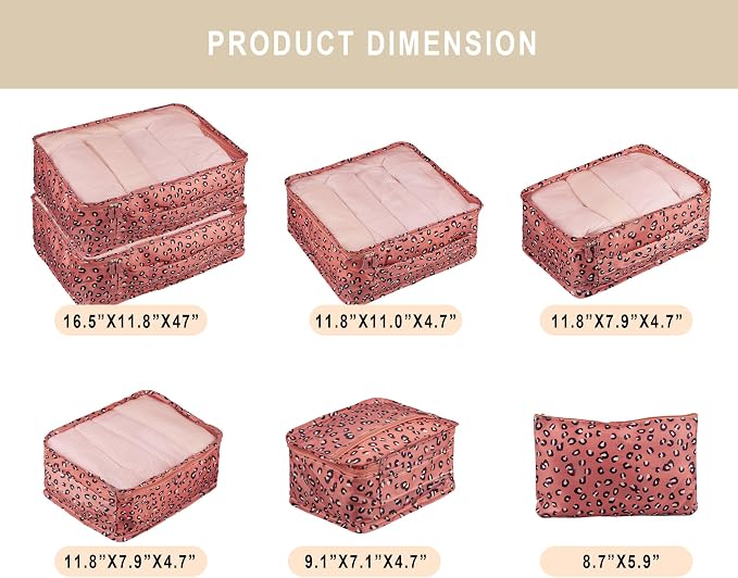 Vercord 7 Set Travel Packing Organizers Cubes Luggage Suitcase Organizer Bags Clothes Underwear Cube Shoe Pouch Pack Pink Leopard - Image 2