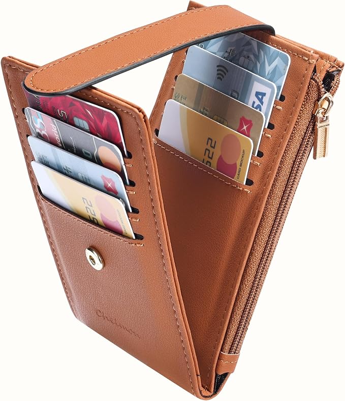 Chelmon Women's RFID Slim Card Holder Wallet | Thin Bifold Multi Card Case with Zipper Coin Pocket Purse for Women(Tan) - Image 6
