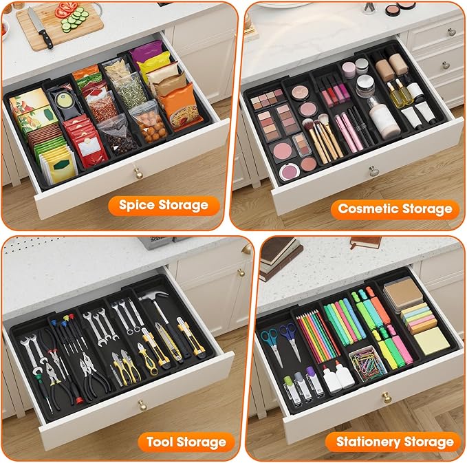 Large Expandable Silverware Drawer Organizer, Utensil Tray | Kitchen Drawer Organizer for Spoons/Forks/Knives, Multipurpose & BPA Free Cutlery Tray(2 Pack, Black) - Image 7