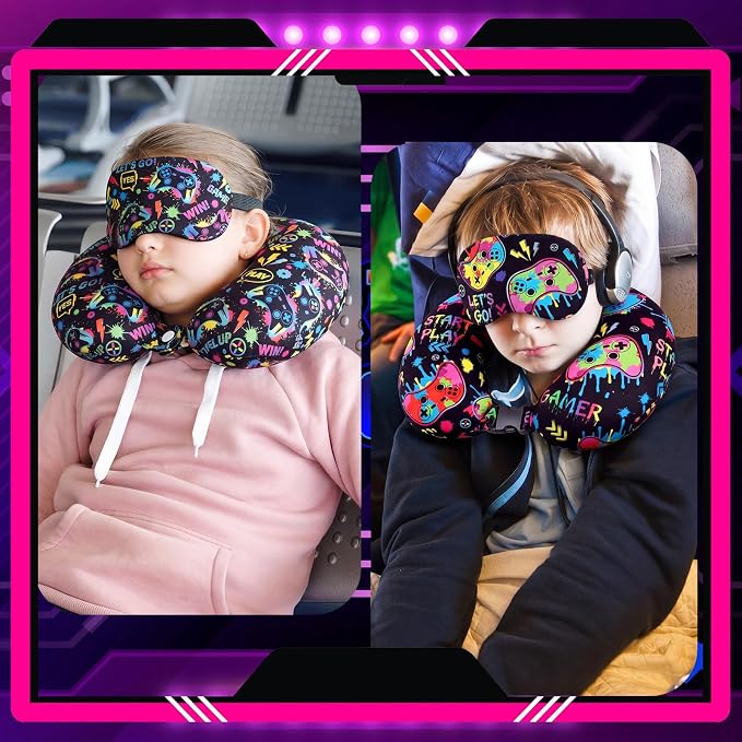 Gilprop 4 Pcs Game Travel Pillow with Sleep Eye Mask, U Shaped Memory Foam Headrest & Neck Pillow with Washable Cover, Soft Neck Head Support Travel Accessories for Airplane Car Train Bus Trips - Image 2