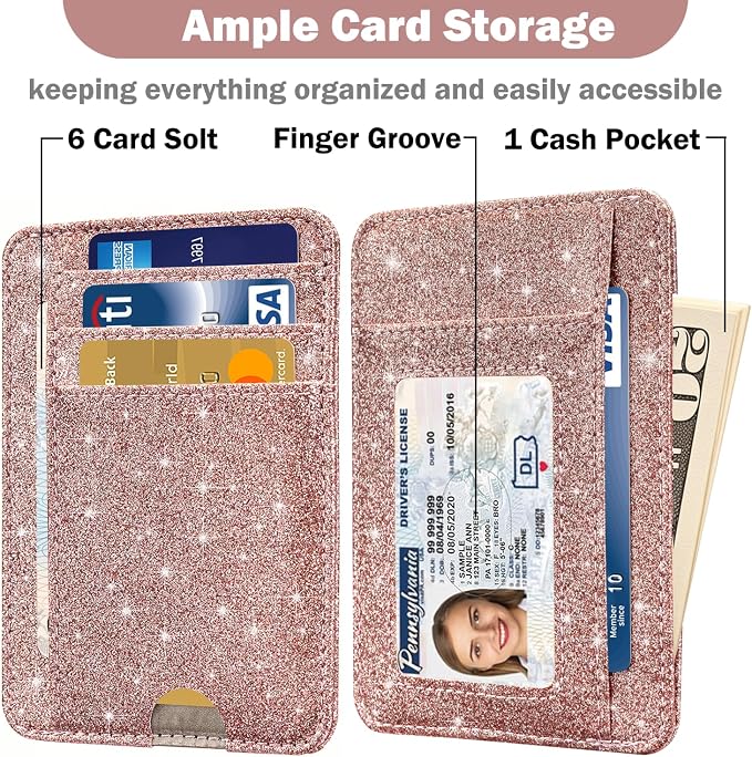 HOTCOOL Card Holder Wallet Front Pocket Minimalist Travel Cute Funny Thin Leather With RFID Blocking Small Credit Card Holder Wallet for Men & Women Girls Organizer Gifts, Glitter Rose - Image 3