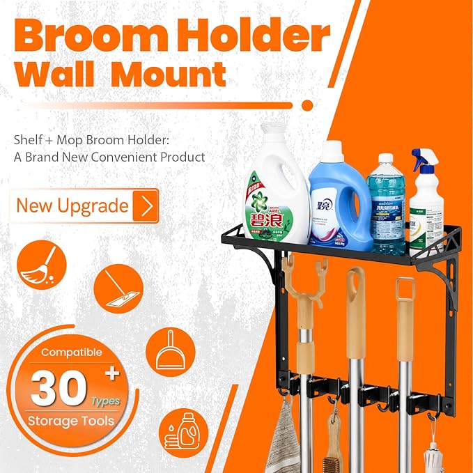 Broom Holder Wall Mount with Cleaning Supplies Organizer | Laundry Room Shelves, Mop Hanger Rack Gripper Hooks, Vacuum Organizer, Wall Hanging for Home Garage Kitchen - Image 6
