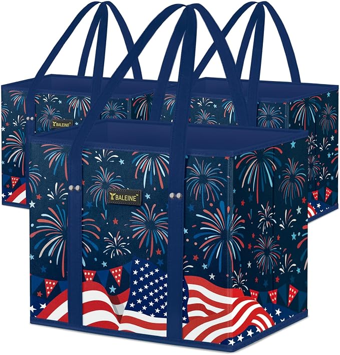 BALEINE 3PK Reusable Grocery Bags, Heavy Duty Shopping Tote Bag | 12'' Long Handles, Reinforced Bottom Keeps Upright, Fold Flat Storage, Water-Resistant Shopping Bag, Multiple Color Options by BALEINE