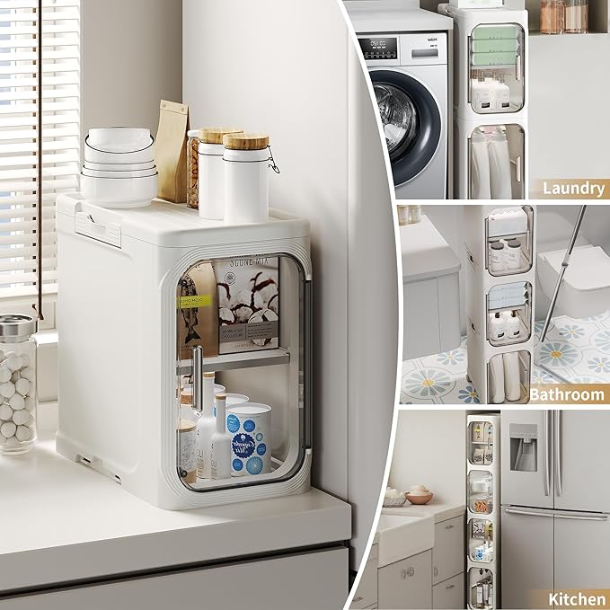3-Tier Slim Bathroom Narrow Storage Cabinet with Wheels, White | Tool Free Assembly, Adjustable Shelves, Fits for Narrow Spaces, Reinforced Stability, Magnetic Clear Door - Image 3