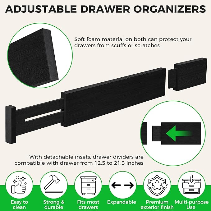 4 Pack Bamboo Drawer Dividers Organizer with Inserts 2.6'' High | Expandable from 12.5-21.7", Adjustable Drawer Organizer Separators for Utensils, Clothing, Office, Dresser, Bedroom, (Black) - Image 4