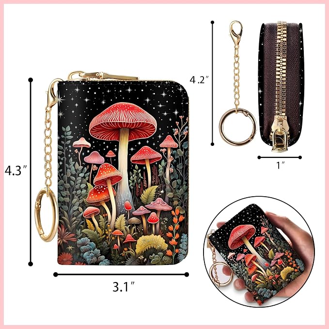 Blusabaca RFID Credit Card Holder Small Women Travel Wallet, Cute Mushrooms | Removable Keychain, Case with Zipper, Vegan PU Leather, Cash Coin Pocket, Business Accordion Purse, Ladies Female Gift - Image 4
