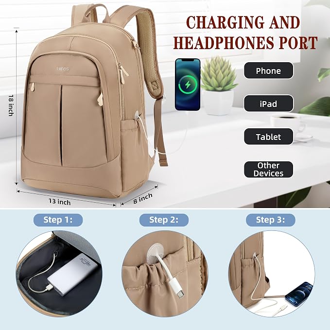 Hidds Travel Laptop Backpack for Women 15.6 Inch Computer Backpacks with USB Charging Hole Anti Theft Carry on Bag College Bookbag Large Back Pack for Work Business Traveling Commuter Daypack-Coffee - Image 5