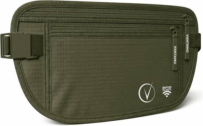 Vantamo Money Belt with RFID For Men & Women, Hidden Passport Holder for Travel, 2 Compartment Travel Fanny Pack for Women Anti Theft by Vantamo