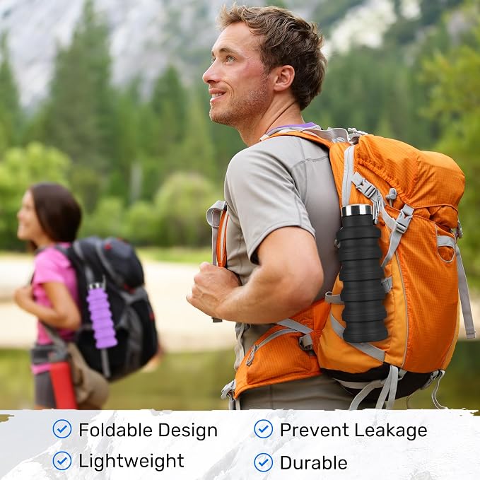 Collapsible Water Bottle, 16oz Portable Reusable Silicone Water Bottle with Carabiner for Gym, Travel, Camping, Hiking, Sports, Lightweight, BPA-Free, Leak-Proof, Foldable Design(Blue+Gray) - Image 5