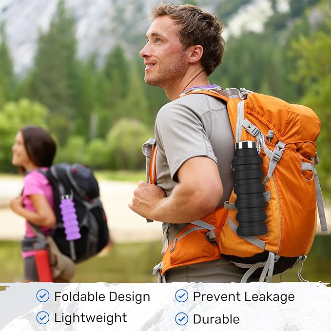Collapsible Water Bottle, 16oz Portable Reusable Silicone Water Bottle, BPA-Free Leak-Proof Foldable Design with Carabiner, Lightweight Durable for Gym, Travel, Camping, Hiking, Sports-Green - Image 4