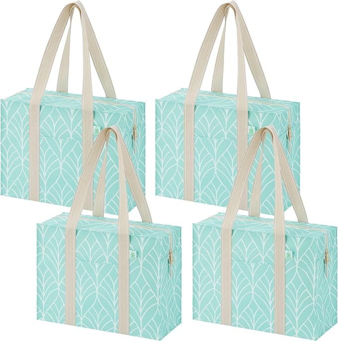 VENO 4 Pack Utility Tote Reusable Grocery Bags with Zipper & Hard Bottom | Heavy Duty Foldable Water-Resistant Shopping Bags for Summer Beach, Pool, Picnic & Travel Carry-on (Evergreen, 4 Pack) by Veno