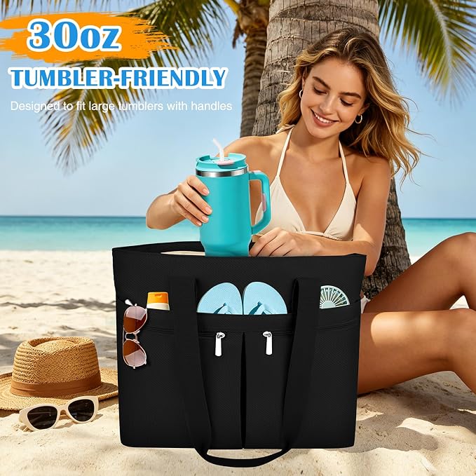 HUANLANG Large Beach Bags for Women Pool Bag with Zipper, Waterproof Sandproof Beach Tote Travel Bag with Wet Pocket - Image 2