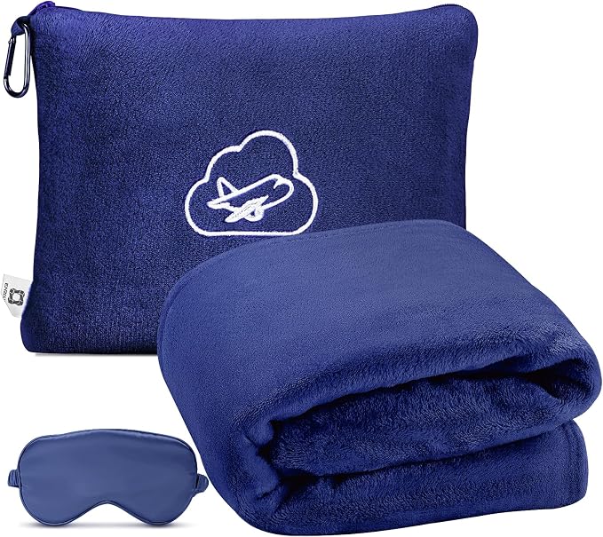 Travel Blanket, Airplane Blanket, Ultra-Soft, Warm & Lightweight, 65x40 in, Outdoor Blanket Essentials for Women, Men & Kids, Included Eye Mask, Luggage Sleeve & Backpack Clip Navy Blue - Image 8