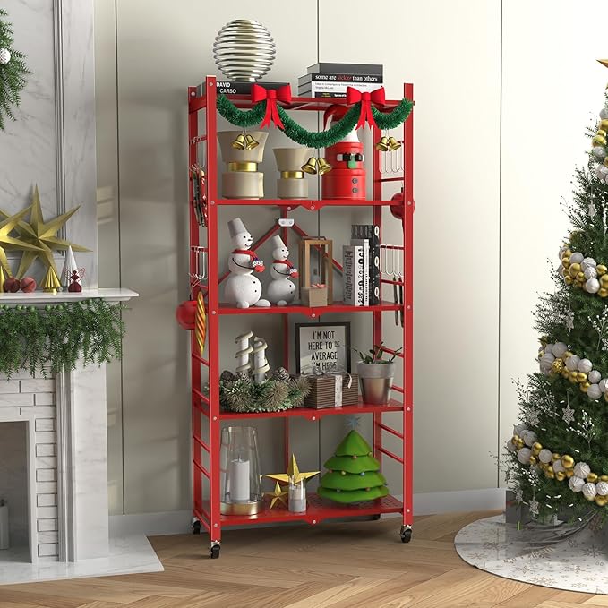 Himix 5-Tier Foldable Storage Shelf 20 Hooks Wheels Garage Red No Assembly | Folding shelving units, Metal collapsible organization, Wire shelves rack, Bookshelf, Christmas Room, Holds 440 Ibs shelf - Image 2