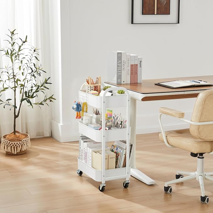 3-Tier Rolling Utility Cart with Caster Wheels,Easy Assembly, White | Easy Assembly, multi-purpose storage trolley for kitchen, rolling cart with smooth caster wheels for bathroom - Image 6