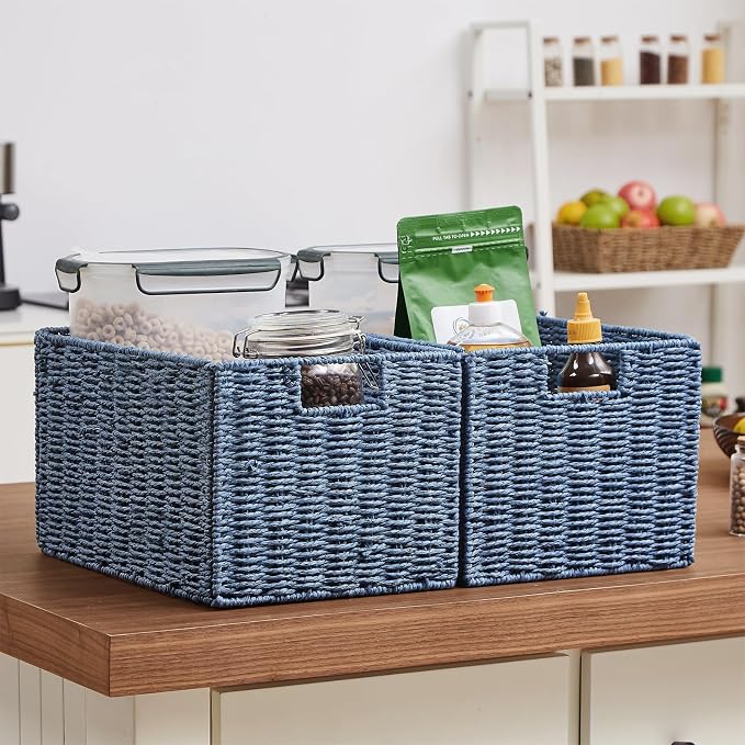Wicker Storage Basket, Set of 2 Hand-Woven Paper Rope Wicker Basket, Large Storage Baskets for Organizing Toilet Paper, Foldable Cube Storage Organizer Bins for Shelves (Blue) - Image 7