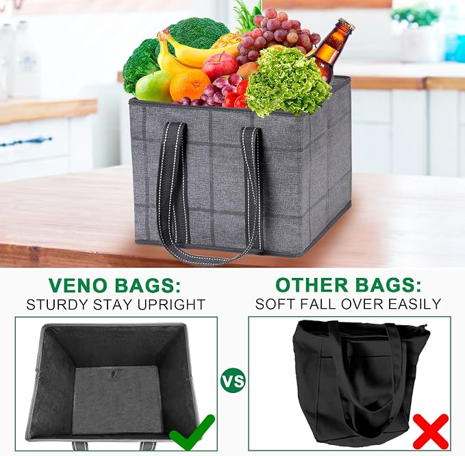 VENO 3 Pack Heavy Duty Reusable Grocery Shopping Bags Utility Tote | Water Resistant, Storage Box with Sturdy Handles & Hard Bottom, Foldable for Groceries Shopping Cart(Windowpane, 6 Gallon) - Image 7