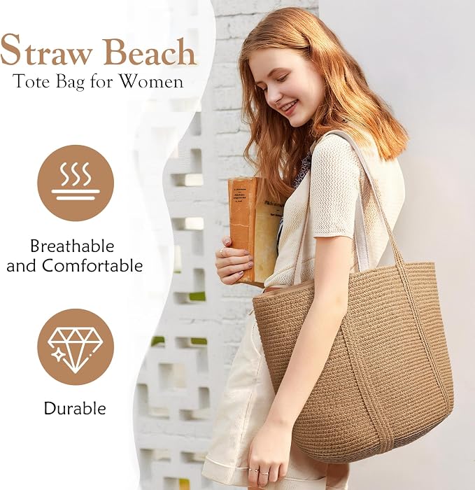 Tavaleu Straw Beach Bags for Women Tote Handbag Shoulder Hobo Bucket Bag | Lightweight, Foldable, PU Straps, Magnetic Closure, Zip Pocket, Reinforced Bottom, Summer Purse, Travel, Vacation, Daily Use - Image 6