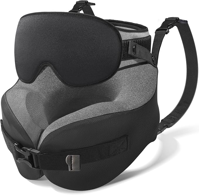 YFONG Travel Pillow with Head Support & Sleep Mask for Long Flights, Black | Patented 360° Support System, Prevents Bobbing, Airplane Head Strap, 3D Eye Mask, Memory Foam Neck Pillow, Travel Essential by YFONG