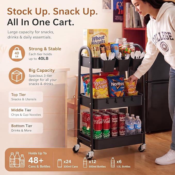 Heavy Duty 3 Tier Rolling Cart Metal with Wheels,Three Tiered Rolling Carts | Black Utility Storage Roller Shelf Organizer on Wheels for Baby, Art, Craft, Snack, Cleaning Caddy, Dorm, Bathroom, Bedside - Image 2