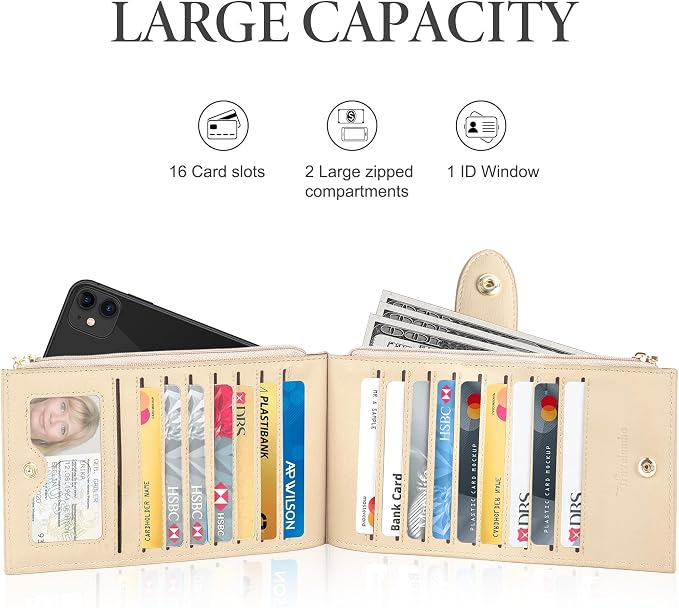 Travelambo Womens Leather Bifold Wallet, Slim RFID Blocking Card Holder | Large Capacity, 16 Card Slots & ID Window, 2 Zipper Pockets, Dual Snap Closure, Slim Lightweight, RFID Privacy Protection - Image 3