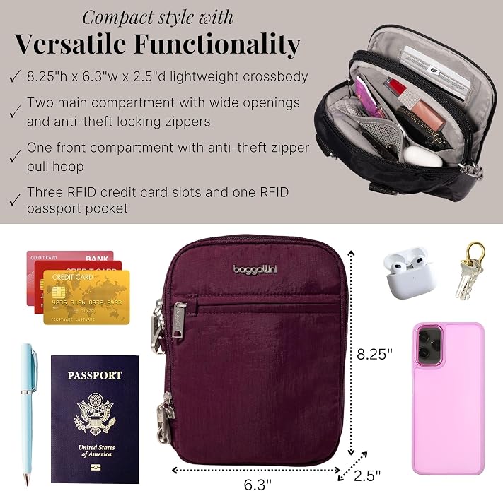 Baggallini Securtex® Anti-theft Mini Everything Crossbody Bag, 6.3"x8.25" Rfid, Locking Zippers & Cut-resistant Strap - Image 4