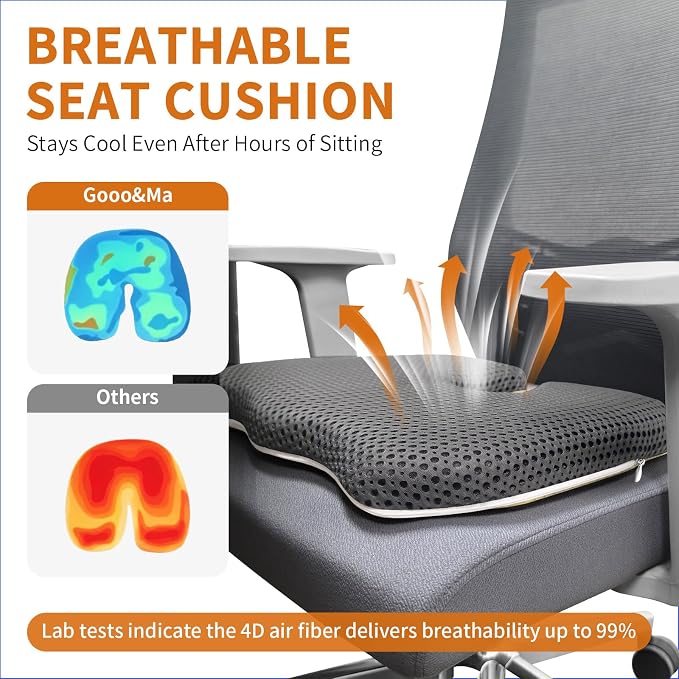 Gooo&Ma Air Fiber Seat Cushion, U-Shape Tailbone Comfort, Grey | Thin design for office/car, breathable air fiber cooling, ergonomic, washable, non-slip, portable, 17.7"x13.8"x1.6" - Image 4