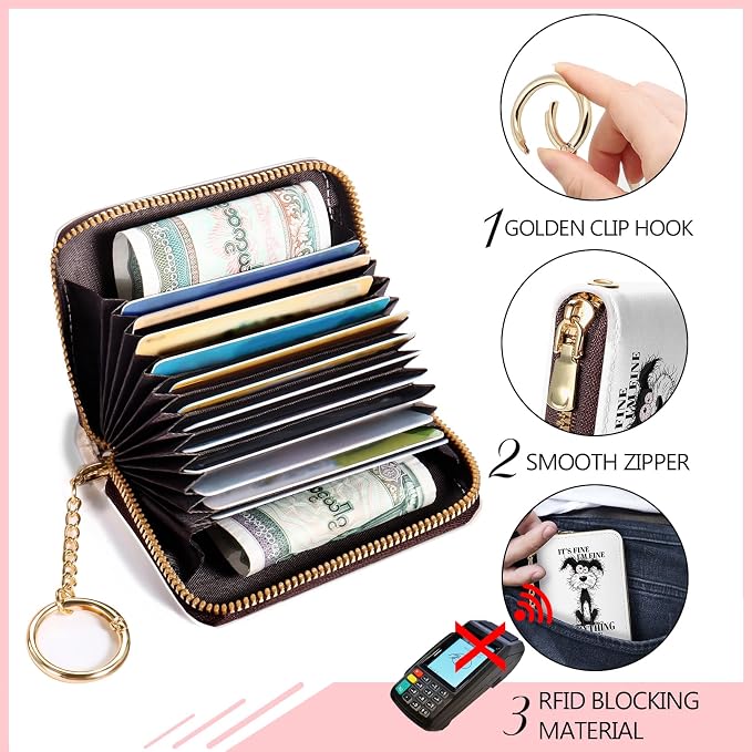 Blusabaca RFID Credit Card Holder Small Women Travel Wallet, Funny Dog | Removable Keychain, Case with Zipper, Vegan PU Leather, Cash Coin Pocket, Business Accordion Purse, Ladies Female Gift - Image 4