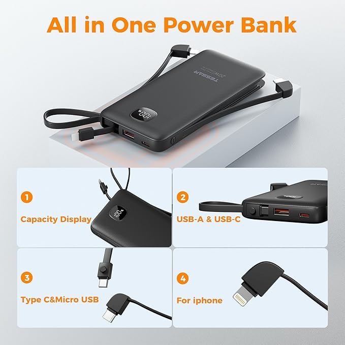 TESSAN Portable Charger with Built in Cables, 10000mAh Power Bank Fast Charging with Foldable AC Plug, PD20W Compact Battery Pack Travel Essentials for iPhone 17/16/15 Series, Samsung, Tablets, Black | PD20W USB C Fast Charging with Foldable AC Outlets... - Image 6