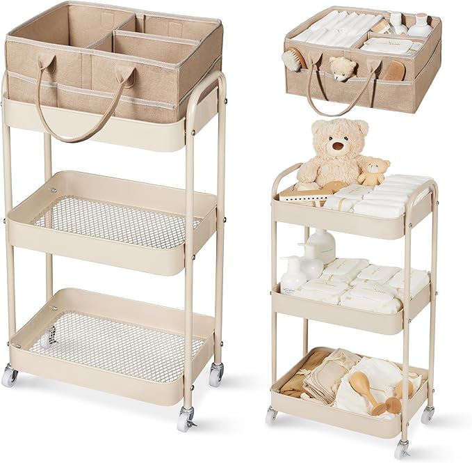 Baby Diaper Caddy, 3 Tier Rolling Cart for Baby Essentials, Taupe | Diaper Cart with Detachable Dividers, Nursery Storage & Bottle Organizer, Bedside Caddy for Bedroom and Living Room by Fortella