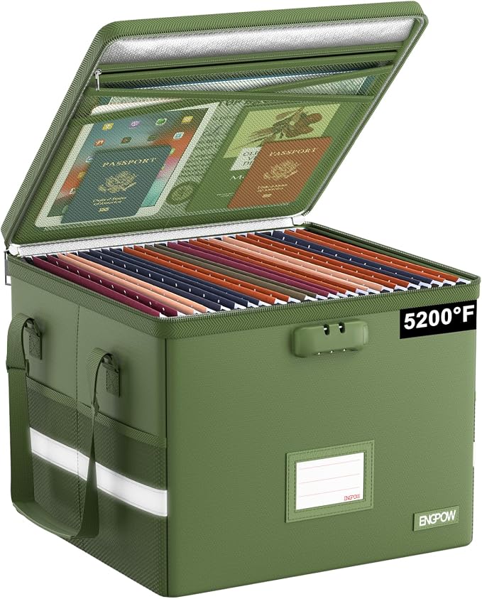 ENGPOW 5200°F File Box Fireproof Document Box with Lock,Heat Insulated Collapsible File Storage Organizer Box with Handle,Portable Home Office File Cabinet for Hanging Letter/Legal Size Folder, Green by ENGPOW
