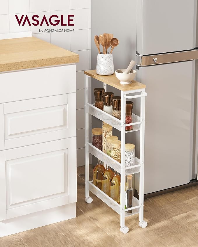 VASAGLE Slim Rolling Cart, 4-Tier, 5.1 Inches Deep, Steel Frame | Storage Cart with Handle, Narrow for Kitchen, Living Room, Golden Oak and Matte White, DACEY Collection ULRC032W09 - Image 2