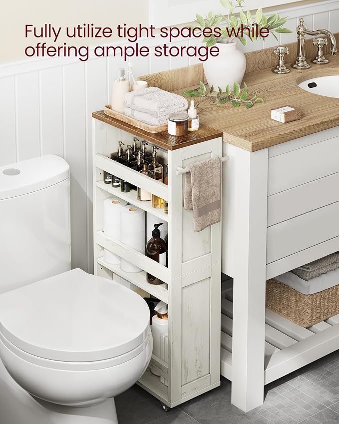 VASAGLE 4-Tier Slide-Out Storage Cart, Slim Kitchen Cart for Small Spaces, with Wheels, Handle, Bathroom, Laundry Room, 7.9 x 17 x 34.1 Inches, Rustic White and Honey Brown ULRC051K01 - Image 5
