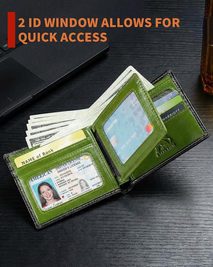 Men's Cowhide Leather RFID Wallet, Slim Bifold (Green) | 2 Clear ID Windows, 10 Card Slots, Zipper Coin Pocket, Gradient Finish for Business, Travel, Daily Carry and Gifts - Image 4