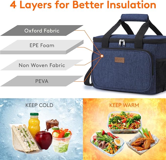 Lifewit Medium Lunch Bag Insulated Lunch Box Soft Cooler Cooling Tote for Adult Men Women, Dark Blue 48-Can (33L) - Image 2
