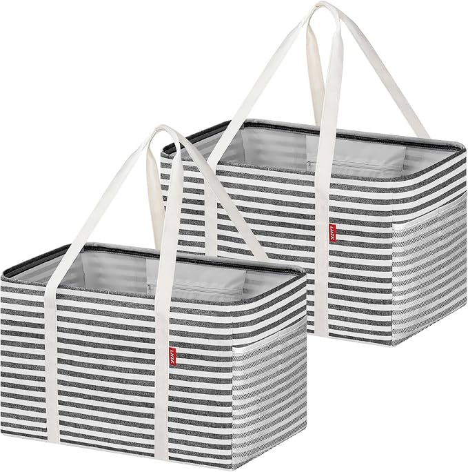 LHZK 2 Pack Utility Tote Bag with Metal Wire Frame and the Sides Rinforced, Large Tote Bag with Handle, Reusable Grocery Bags Foldable, Beach Bag, Car Tote, Black, 18.5''x11.8''x11.5'' by LHZK