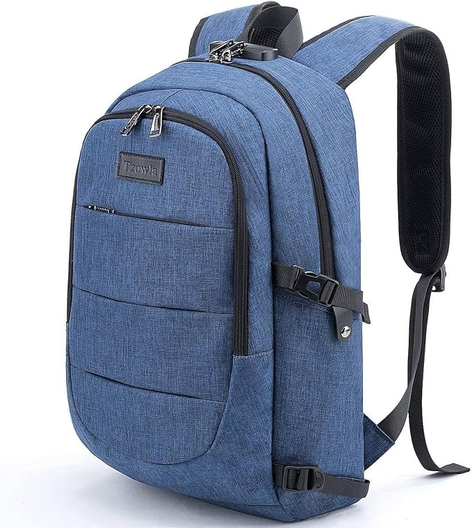 Tzowla Travel Laptop Backpack Water Resistant Anti-Theft Bag with Giant Tumbler Holder Pocket and Lock 17.3 Inch Computer Business Backpacks for Women Men Work College Gift,Casual Daypack(Blue) by Tzowla