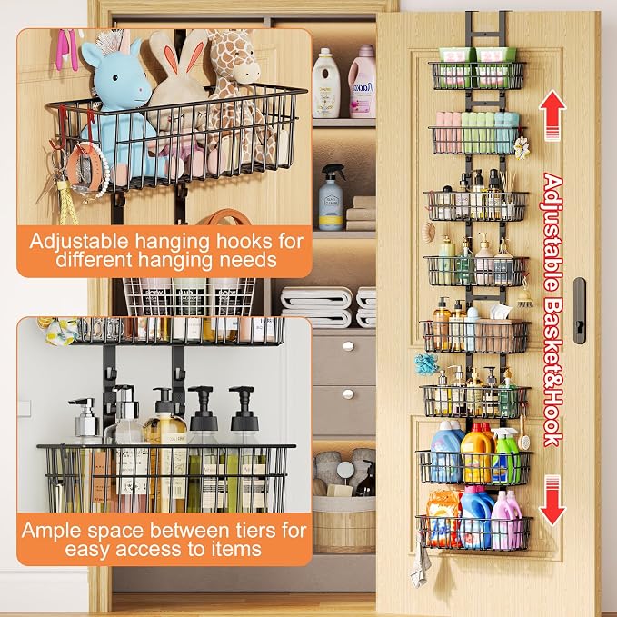 Hongtamoya 8 Tier Over The Door Organizer, Adjustable Hanging Door Organizer with 8 Wire Baskets 6 Hooks, Behind The Door Storage for Pantry Closet Bedroom Bathroom Cabinet Kitchen Laundry Room, Black - Image 8