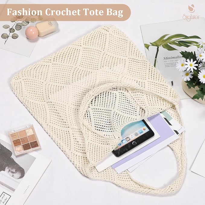 Sightor Crochet Tote Bag, Mesh Beach Bag Knit Summer Hobo Bag for Women | Beach Tote bag Vacation Outfits Aesthetic Boho Bag - Image 6